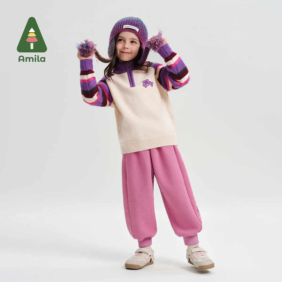 Amila Baby Pants 2024 Winter New High Quality Girls Waffle Cartoon Soft Warm Plus Velvet Casual Loose Children’s Trousers