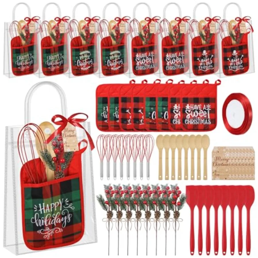 

58 Pcs Christmas Kitchen Gift Set Merry Christmas Pot Holders Xmas Supplies with Spatula Whisk Card Cooking Baking Gift for Xma