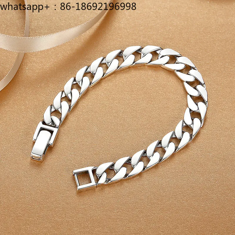 Cuban Silver Bracelet Men's S925 Sterling Silver Solid Simple Trend Hip Hop Versatile Jewelry
