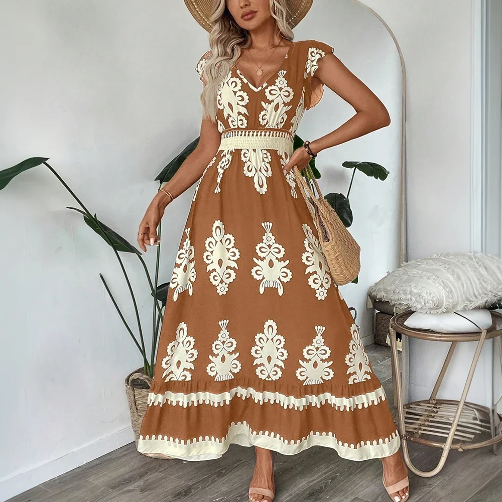 レディースボヘミアン花柄プリント V ネックフリルフライングスリーブスケーターマキシドレス夏の女性の休暇ホリデービーチサンドレスサイズ S-XL