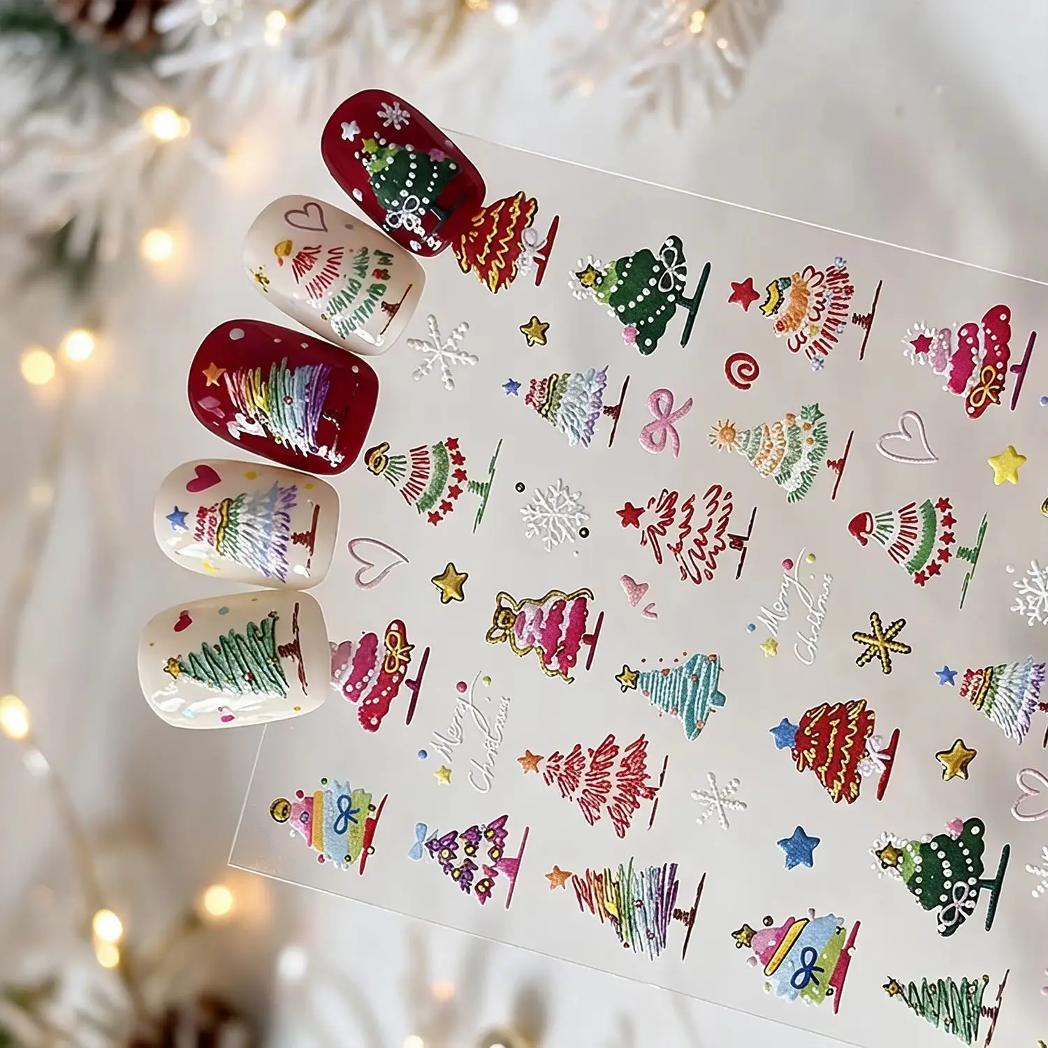 1PC 5D Christmas Tree Nail Stickers Colorful Hand Drawn Xmas Tree Bow Star Snowflake Nail Decals Winter Holiday Party Manicure *