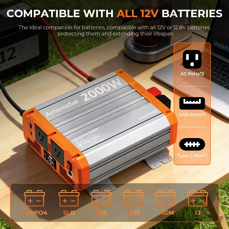 2000W Pure Sine Wave Inverter, DC 12V to AC 110V/120V, 4000W Peak Power with Remote Control, RV Power Converter with 2 AC Outlets, Solar Inverter for Battery, Off-Grid, Camping & Emergency Backup