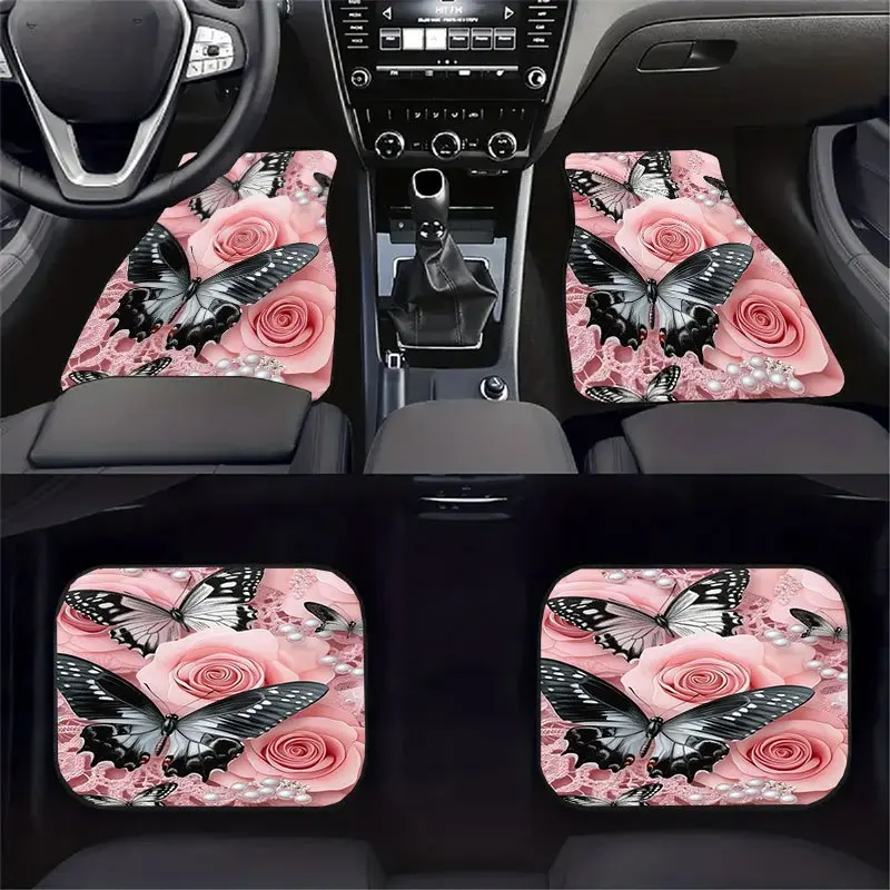 4pcs Elegant Pink Black Rose Butterfly Car Floor Mats Set Soft Pastel Pink Golden Interior Decor Ideal Car Accessories Gift view 3