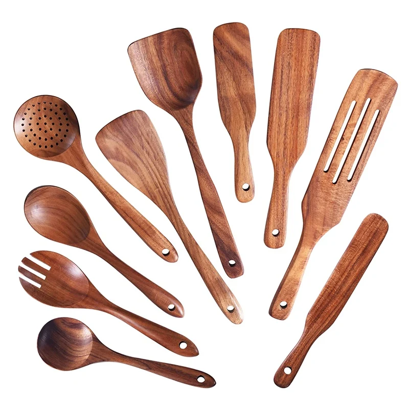 New Wooden Kitchen Utensils Set,10 Pcs Wooden Spoons For Cooking,Wooden Cooking Utensils,Wooden Spoons For Non-Stick Pan