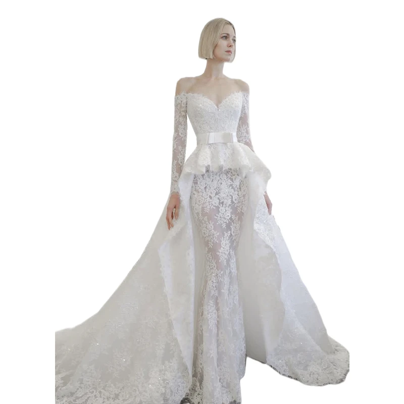 2 In I Lace Mermaid Wedding Dresses With Detachable Skirt Off Shoulder Long Sleeves Boho Beach Bridal Gowns Back Lace-Up Modern