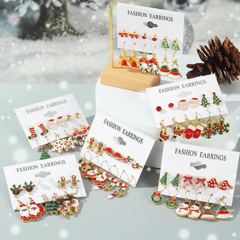 FTCY 6pcs Women\'s Christmas Stud Earring Set Elk Christmas Tree Snowman Moon Decoration Hoop Earrings  Pierced Ear Jewelry Gift