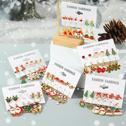 FTCY, 6 uds., conjunto de pendientes navideños para mujer, alce, árbol de Navidad, muñeco de nieve, decoración de Luna, pendientes de aro, oreja perforada, regalo de joyería