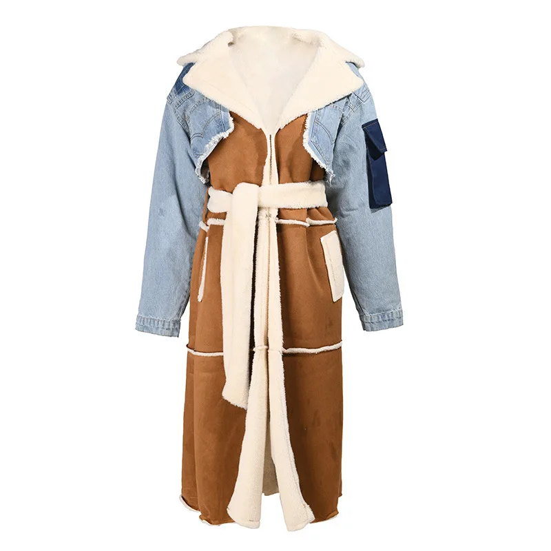 Fleece Denim Women Patchwork Jacket Lace Up Lapel Cotton Padded Jacket Gorgeous Lamb Wool Liner Long Sleeve Coat Newset In Stock