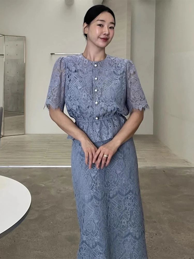 

Chic Summer New Sle ort Lace irt High Waist Skirt Set for Ladies Faionable Breathable Cotton Buttoning Clothing