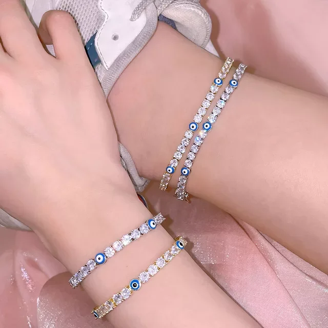 5MM 5A Sparking Bling White Cubic Zirconia CZ Blue Enamel Evil Eye Charm Tennis Women Bracelet