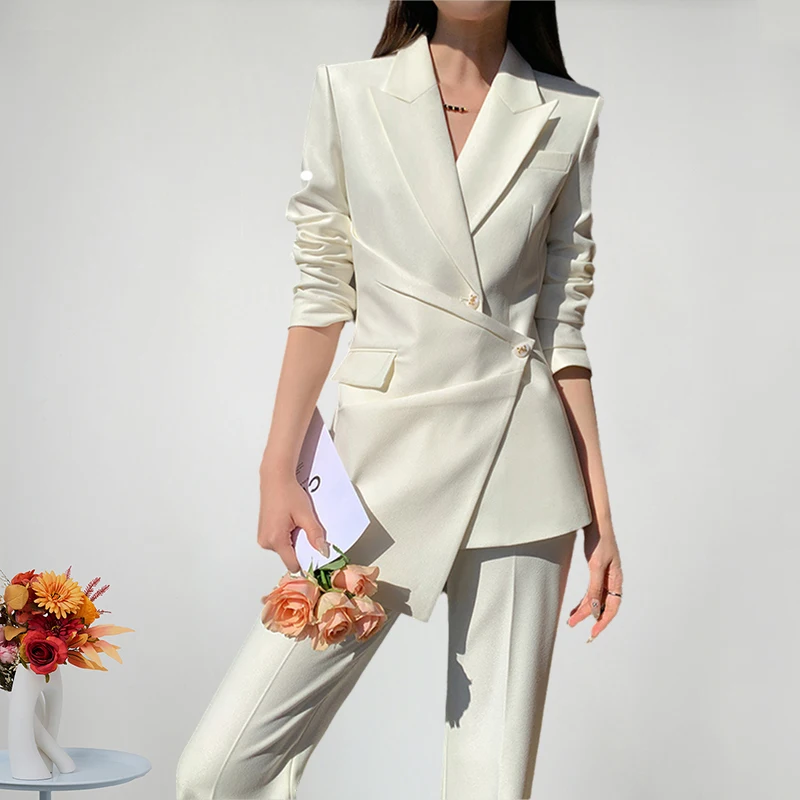 ZJYT Irregular Blazer Suits Pant 2 Piece Matching Sets Women Conjunto Para Mujeres Office Lady Formal Trousers Sets White Outfit