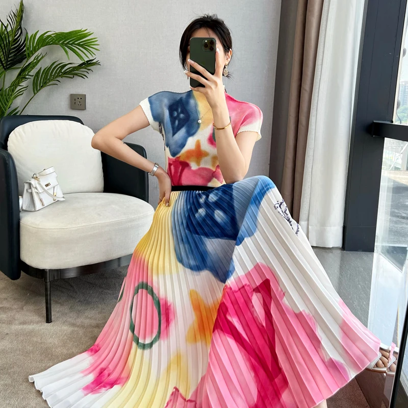 Women Fashion Printed Pleated Skirt Set Summer Elegant Lady Two Piece Set Casual Short Sleeve Top Skirt Suit Female Outfit