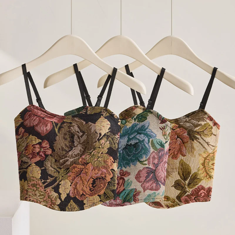 Summer Female Retro Corset Tops French Style Vintage Elegant Chic Design Floral Slim Fit Tank Tops Fashion Camisoles With Padded