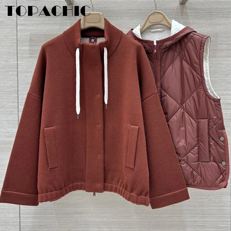 9.28 TOPACHIC-Women\'s Wool Cashmere Stand Collar Jacket + Hooded Quilted Plaid Vest Two Piece Set All-matches Casual Outerwear