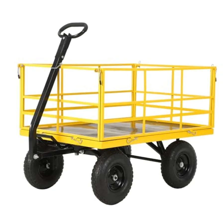 

Outdoor yard wagon for tools soil plants: heavy duty steel yellow 1500 lbs capacity 4-in-1 utility removable mesh sides 13-inch