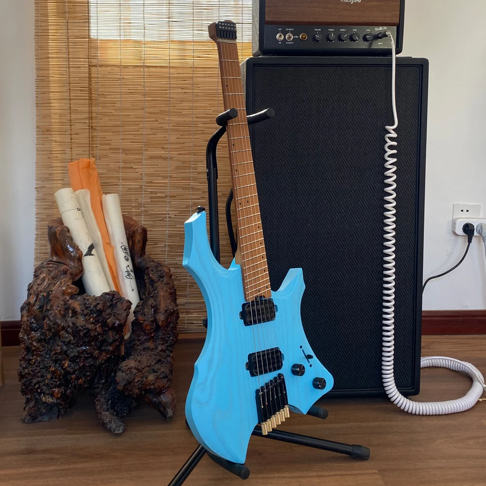 New Arrival Headless Electric Guitar, Satin Blue Ash Body Roasted Maple, Jumbo Stainless Steel Oblique Frets, Color Customizable