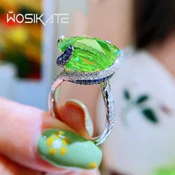 WOSIKATE Luxury Large Carat Green Tourmaline Love Promise Ring For Women With Geometric Gemstone Fashion Jewellery Cocktail Ring