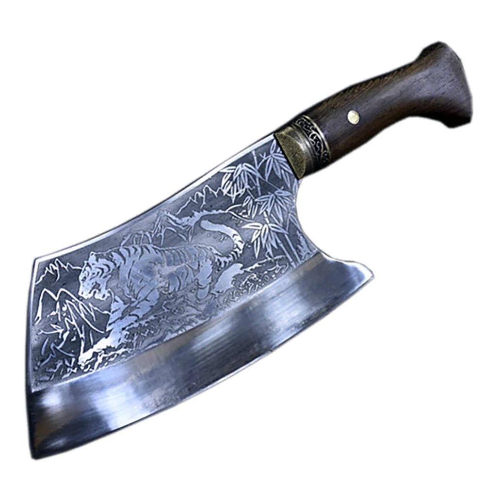 XSG 9 Inch Tiger Pattern Machet Handmade Forged 3/5mm Thickened Blade Bone Chopper Meat Cleaver Longquan Butcher Hatchet Knife