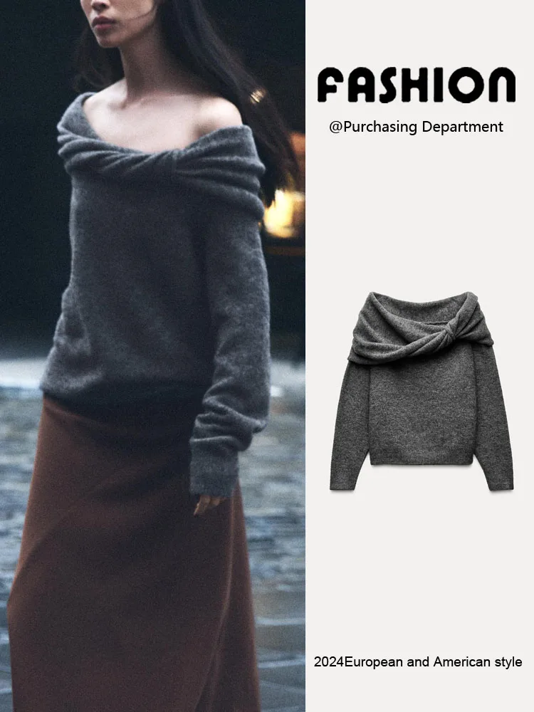 

Spring New Arrival Women's Knitted Long Sve oulder Bared Straight Collar Unusual Length Commute Sle Loose Fit Color
