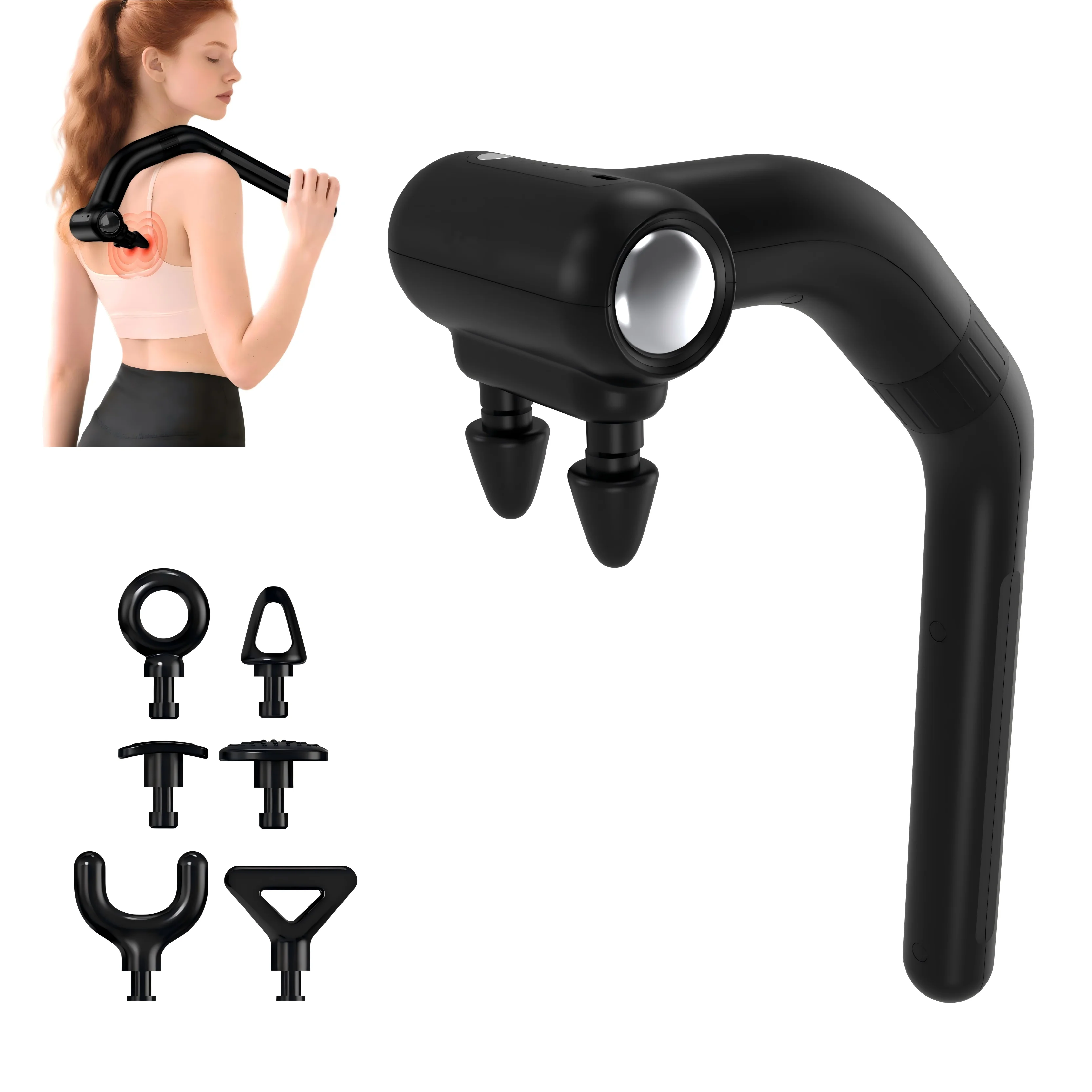 

Беспроводной массажный пистолет с двумя насадками и съемной удлинительной ручкой для глубокого массажа тканей и труднодоступных мышц спины