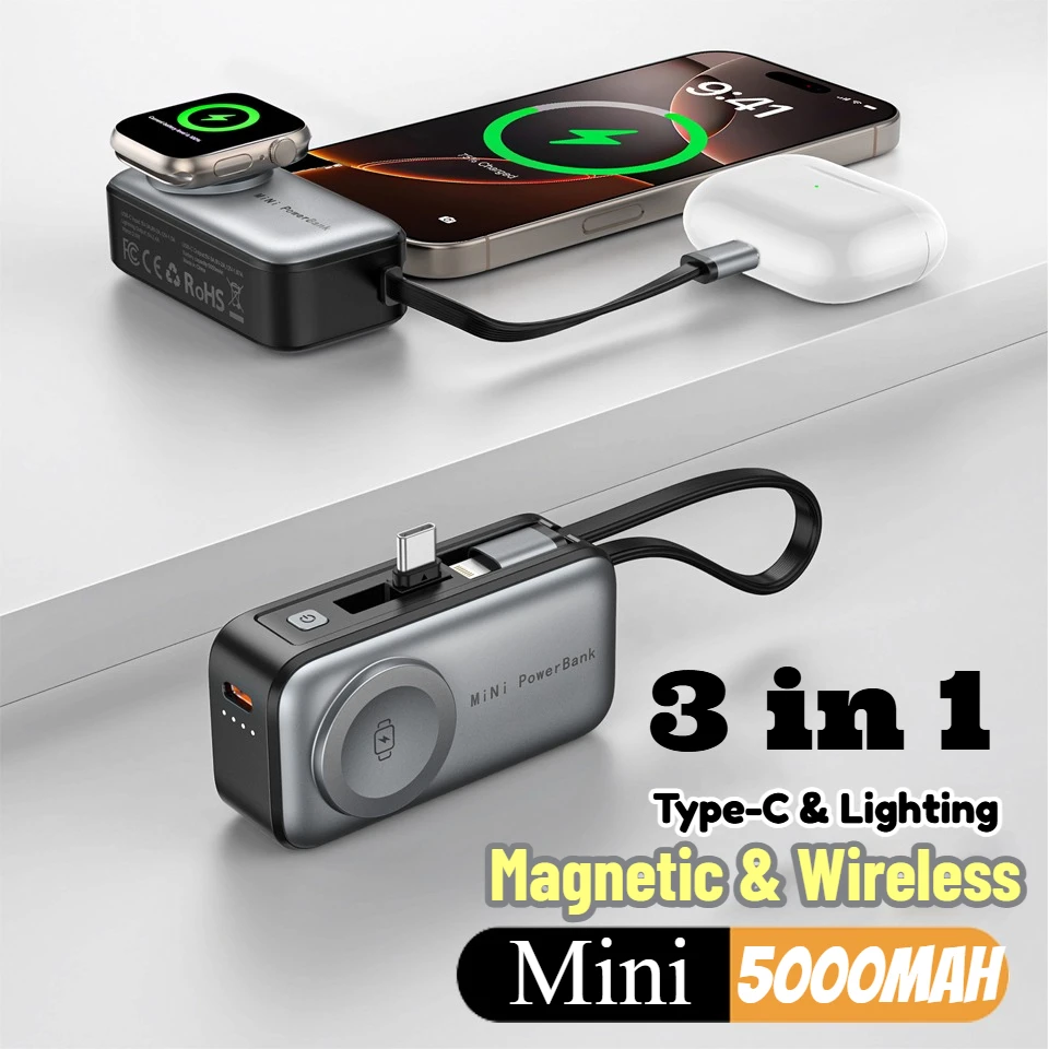 

Мини-Power Bank, беспроводная зарядка, подсветка типа C, портативное зарядное устройство 3 в 1, внешний аккумулятор для наушников Iphone Xiaomi Watch