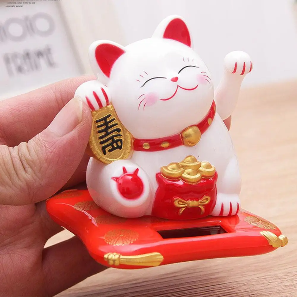 Solar Powered Maneki Neko Lucky Cat Welcoming Chinese Lucky Cat Waving Hand Beckoning Fortune Cat Figurines For Home Decor