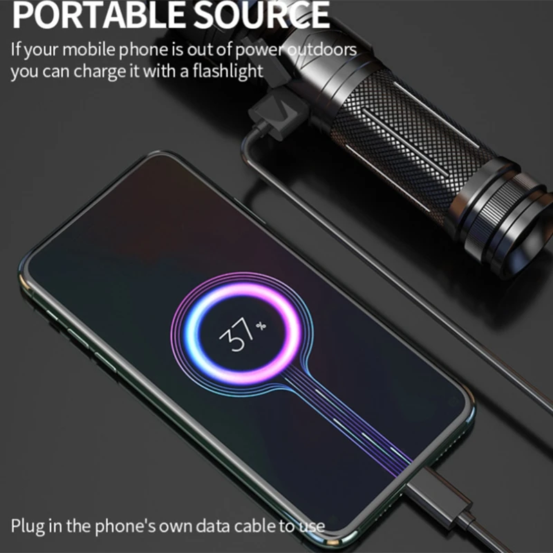 Retractable Flashlight Power Bank USB-C Rechargeable LED Strong Light Multitool Tacical Torch