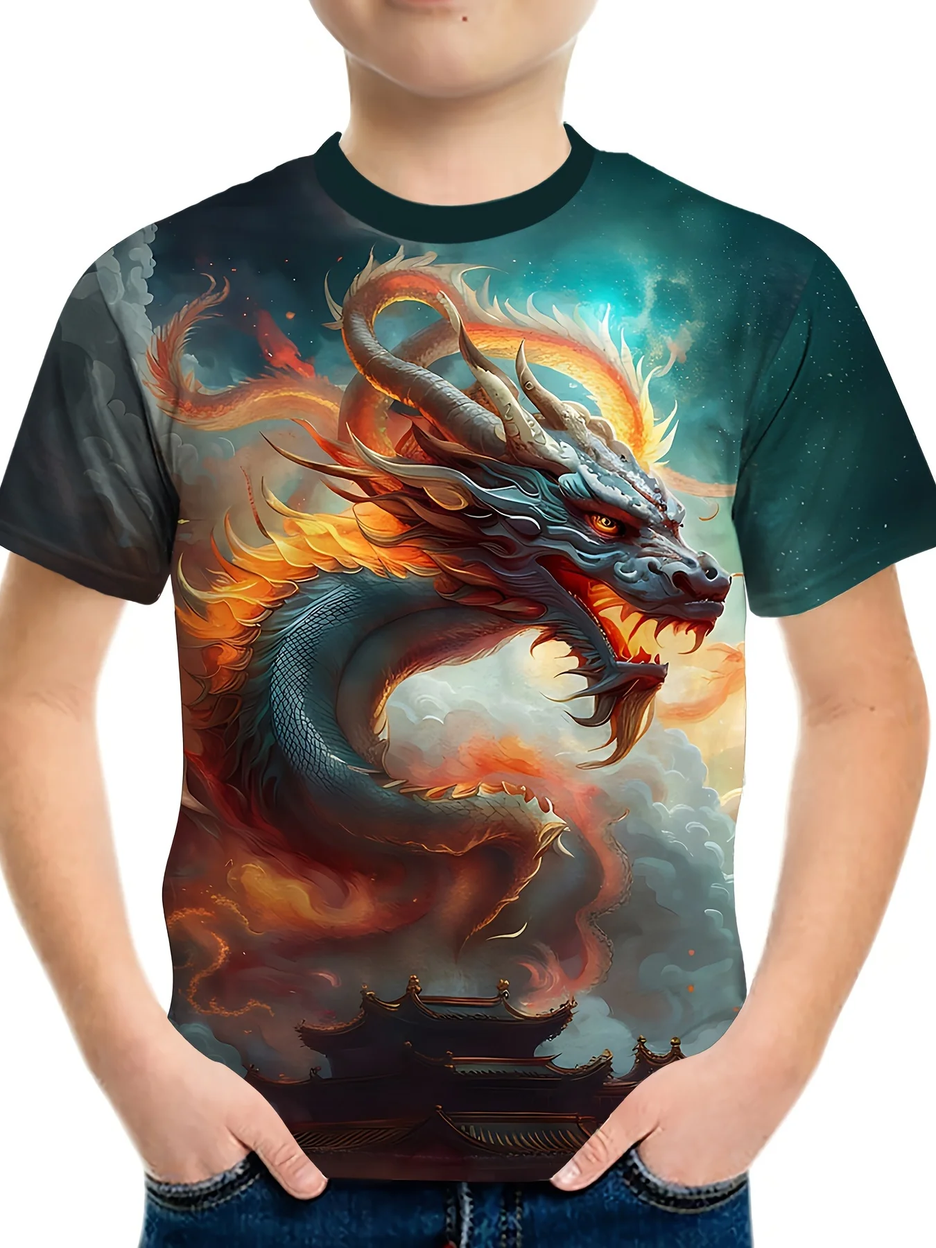 Kinderbekleidung T-Shirts für Jungen, kurzärmeliges Kinder-T-Shirt, stilvoller 3D-Drachen-Grafik-Druck, lässige Mädchen-Sommerkleidung, Oberteile – Detail 5