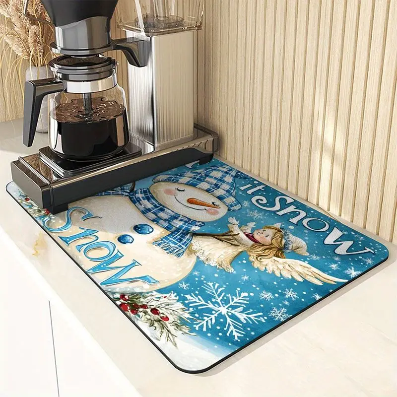 VIKAMA Kitchen Absorbent Mat Blue Snowman Angel Let It Snow Non Slip Counter Dish Drying Christmas Decor