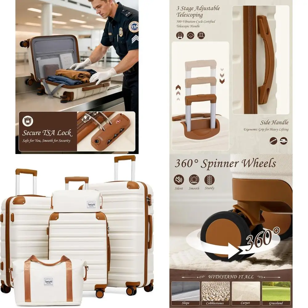 

Набор из 5 легких чемоданов для ручной клади с сумкой-дафл, жесткими корпусами из ABS+PC, молниями YKK, двойными вращающимися колесами, замком TSA (белый B)