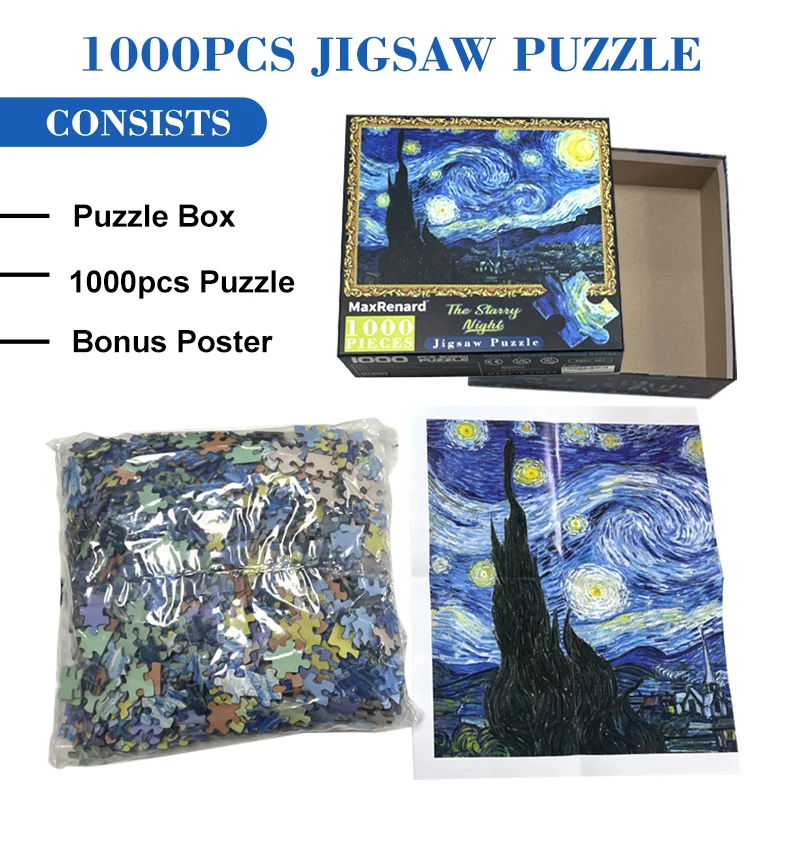 MaxRenard-Puzzle de 1000 Pièces, 68x49cm, Van Gogh, La Nuit Étoilée, Papier à Assembler, Peinture, Art, Jouets pour Adultes