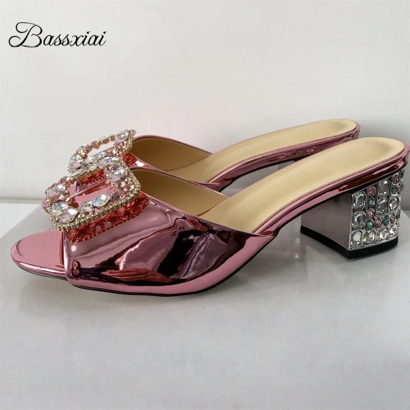 

Colorful Rhinestone Square Buckle Summer Mules Luxury Patent Leather Slingbacks Jeweled Diamond Heel Sandals Women