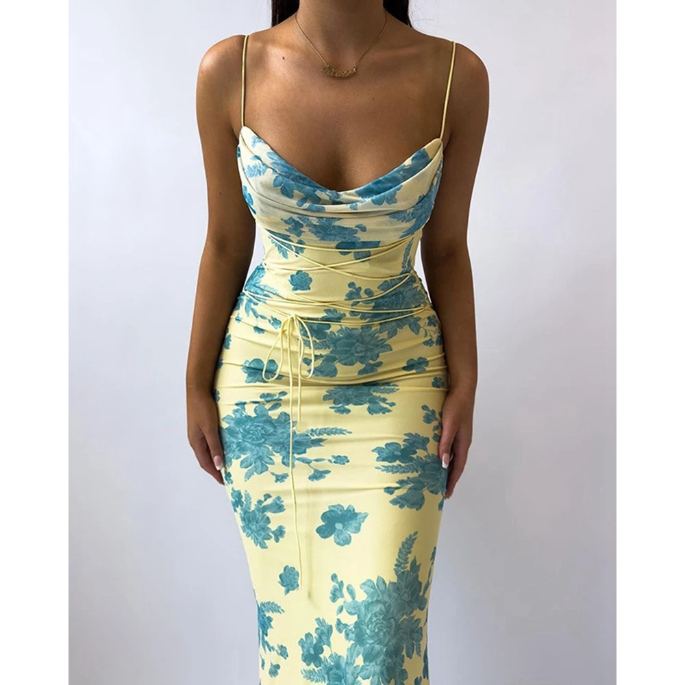 

Fashion Women Sexy Floral Print Spaghetti Strap Maxi Party Dress Elegant Femme Backless Tied Detail Clubwear Dress Clothing