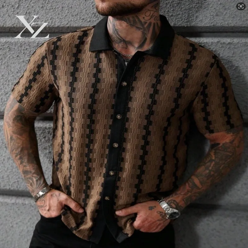 Opening Sale |Men's Retro Jacquard Striped Short Sleeve Shirt, Casual Button Down Cuban Collar Summer Top