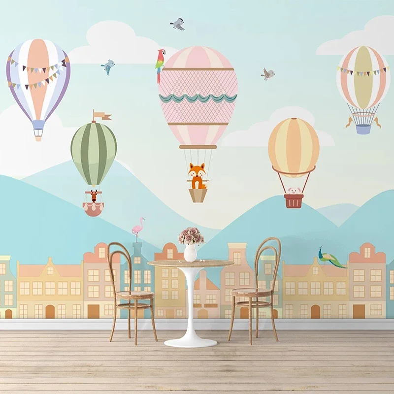Custom Photo Mural Wallpaper Hand Painted Colorful House Hot Air Balloon Animal Children Room Boys Girls Bedroom Wall Painting