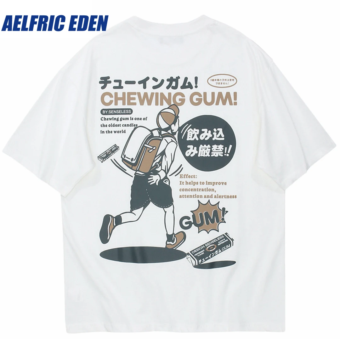 Aelfric Eden Japanese Kanji Cartoon Printed T-Shirt Hip Hop Men T Shirt Streetwear 2023 Short Sleeve Tshirt Harajuku Cotton Tops