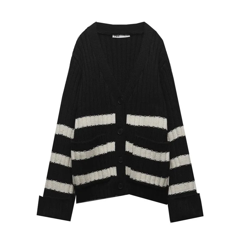 

Autumn Winter Women's Loose Casual Knitted Cardigan V-ne ket Decorated Striped Open-front Polyester Fiber Long Sve
