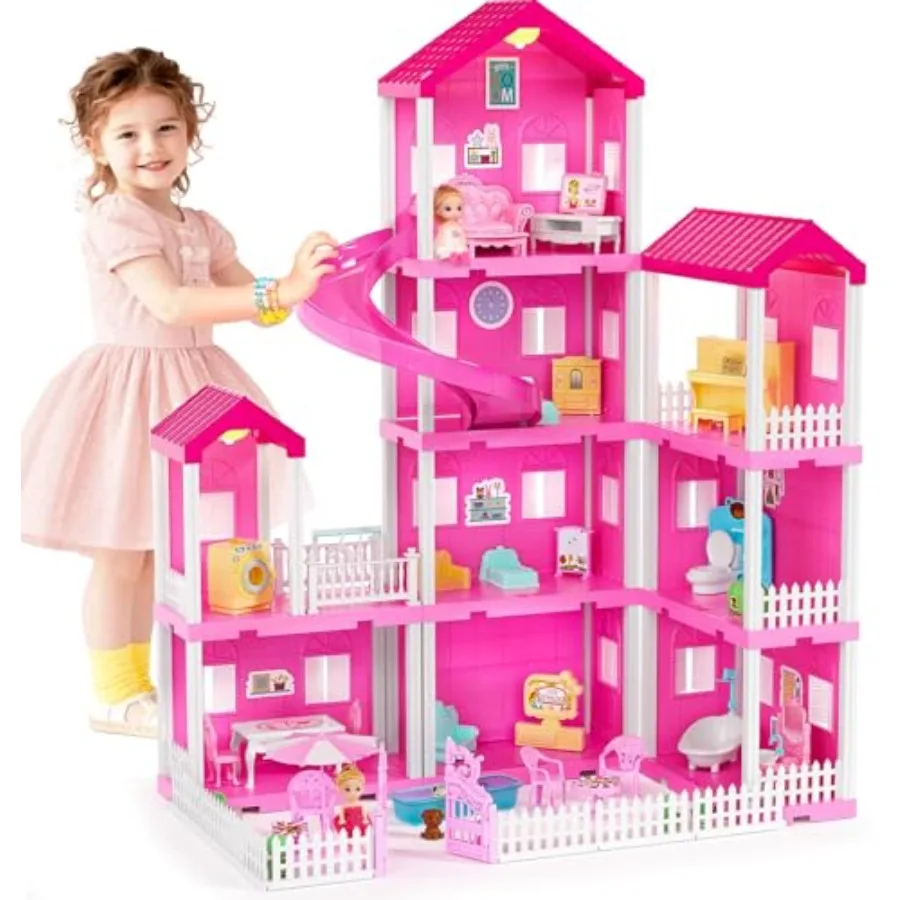 

4-этажный кукольный домик с бассейном, горкой, игрушечными фигурками, мебелью и аксессуарами для домашних животных, для ролевых игр, с подсветкой, Chris