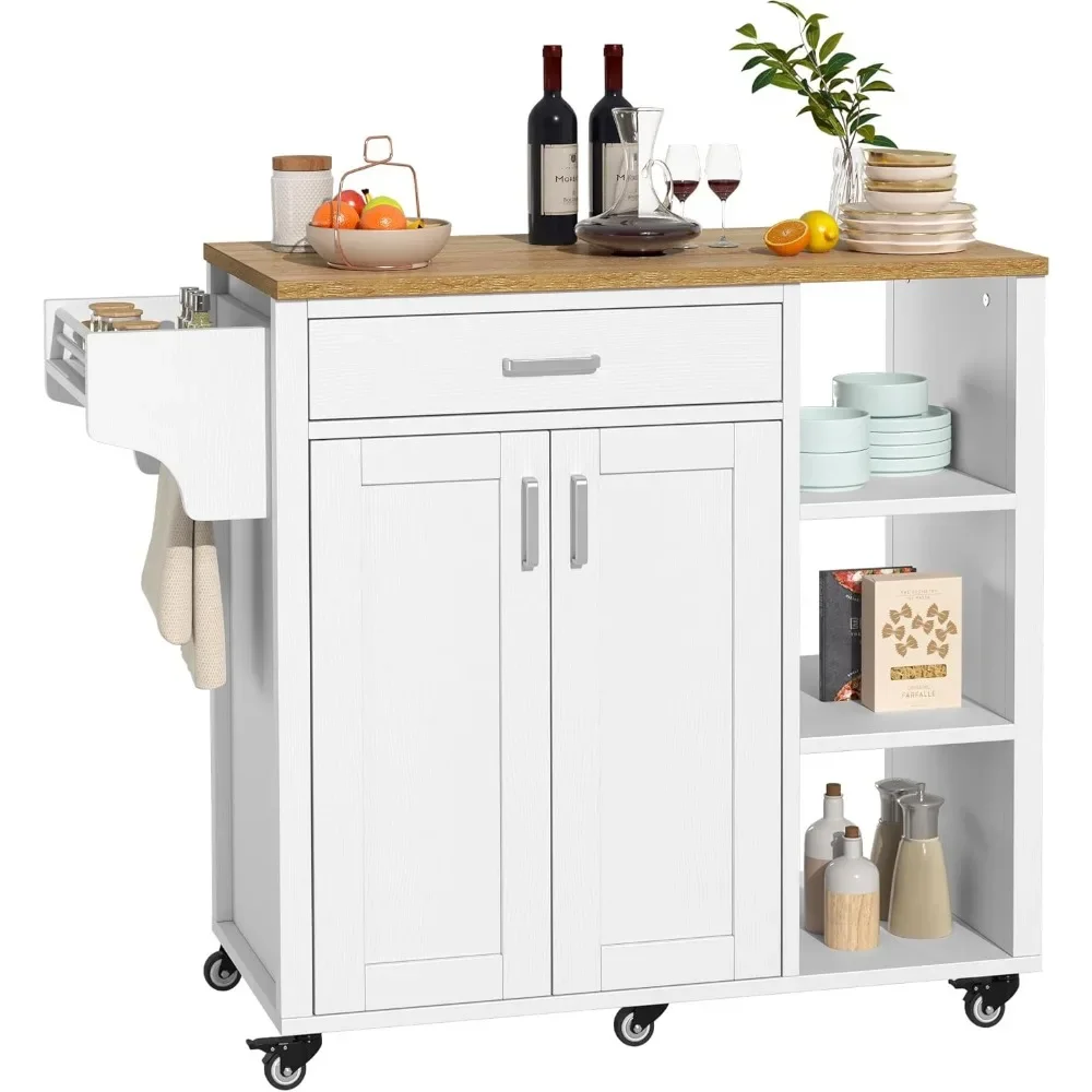 Kitchen Island with Storage, Rolling Kitchen Island on Wheels with Drawer Open Shelves & Wine Rack Spice Rack