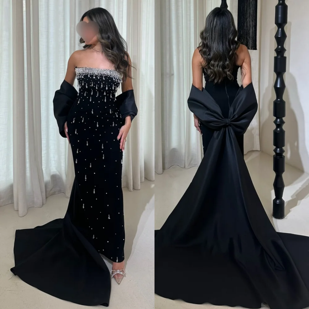 Customized Jersey Rhinestone Temperament Black Straight Midi Dresses Bespoke Occasion Women Luxury Evening Party Sparkle