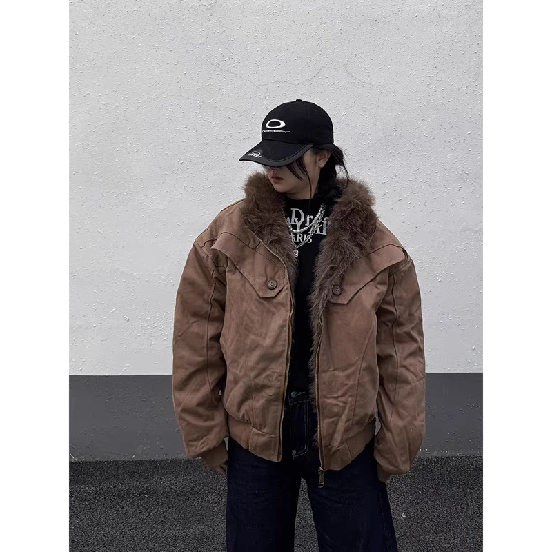 

YIBASHU Winter Women's Gray Lambs Wool Hoodie Jacket American Retro Brown Outwear Coat Y2k Korean 2000s High Street Thick Warm