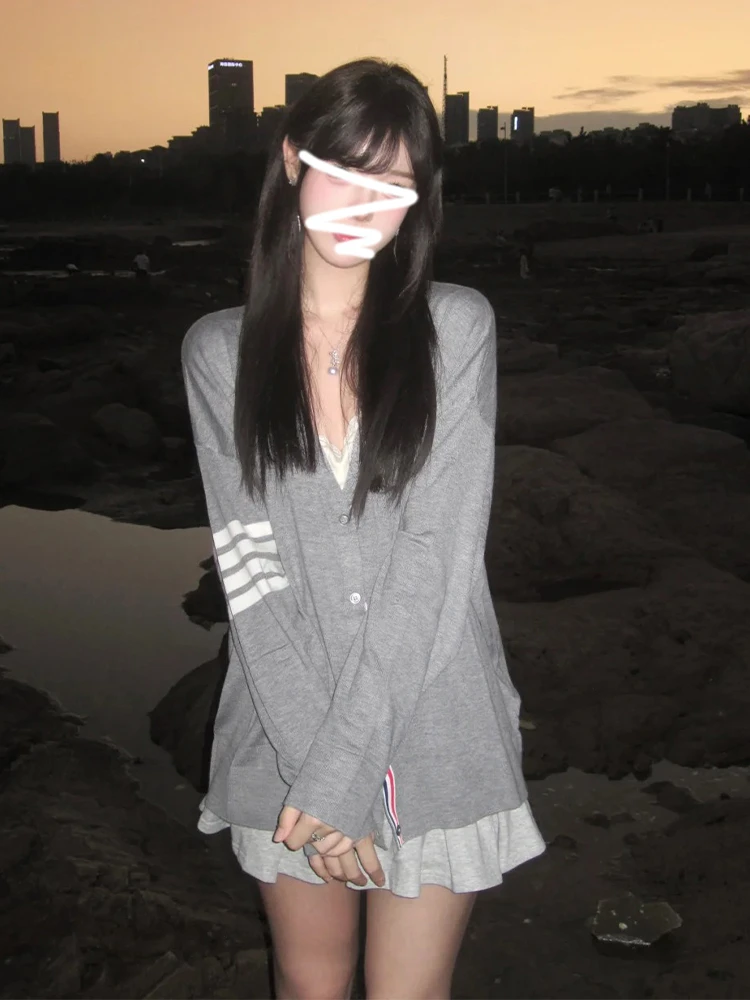 韓国風 Vネック ニット オープンカーディガン レディース 秋冬 ゆったりシック トップス ロング丈 ポリエステル アクリル ナイロン ウール...