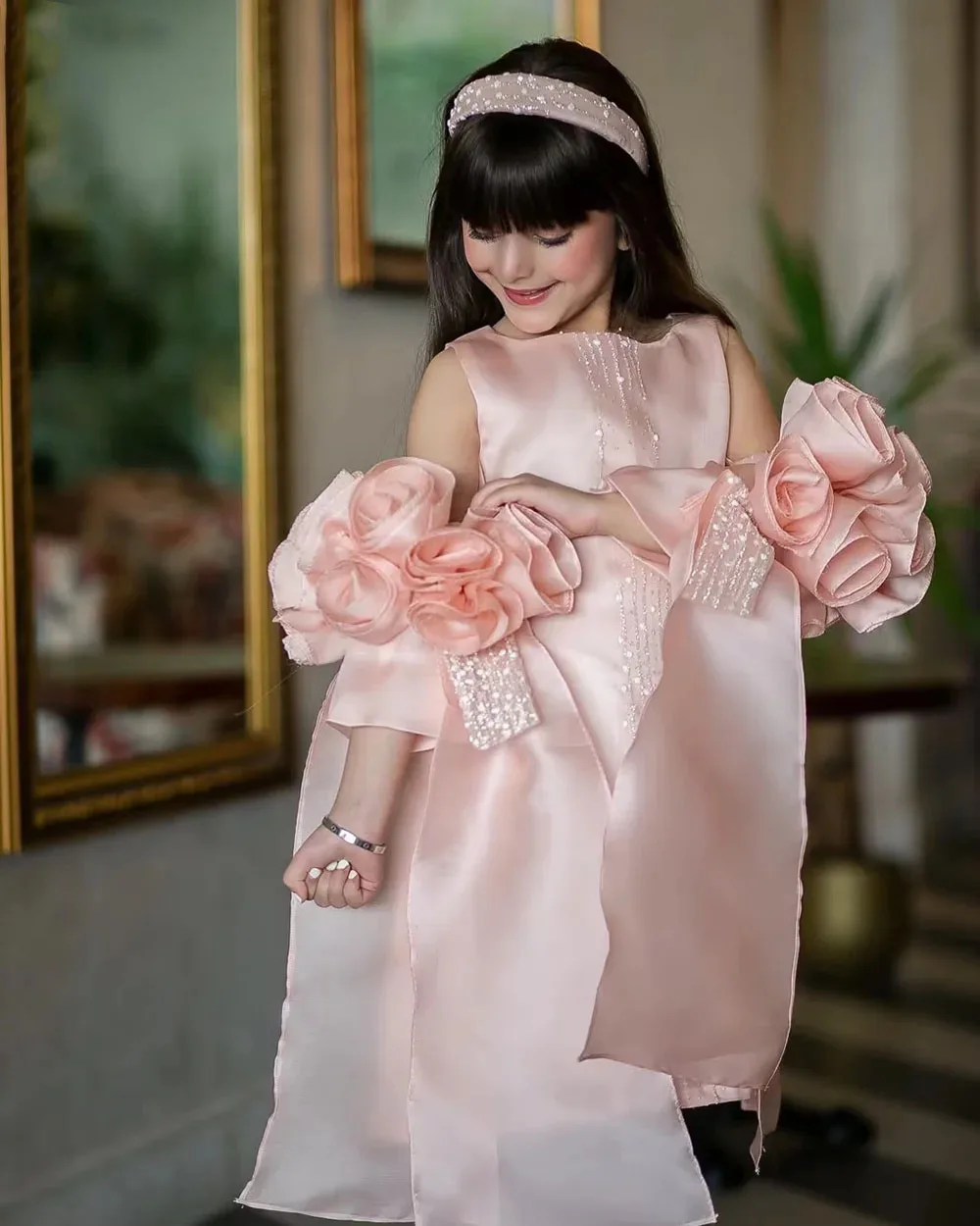 Customized Pink Flower Girl Dresses For Wedding Satin Beading Sequins Elegant Kids Birthday Party Banquet Formal Events Gown