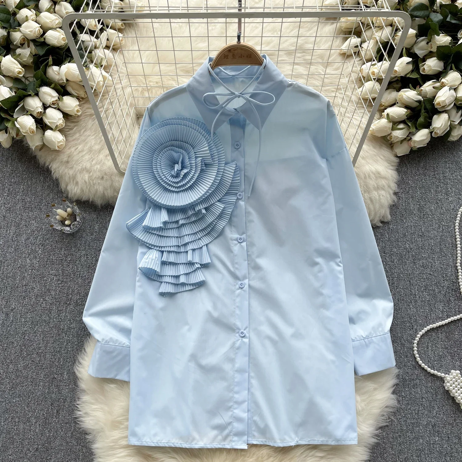 French Chic Women Blouse Fashion 3D Floral Long Puff Sleeve Turn-down Collar Lace Up Autumn Age-reducing Female Tops Dropship