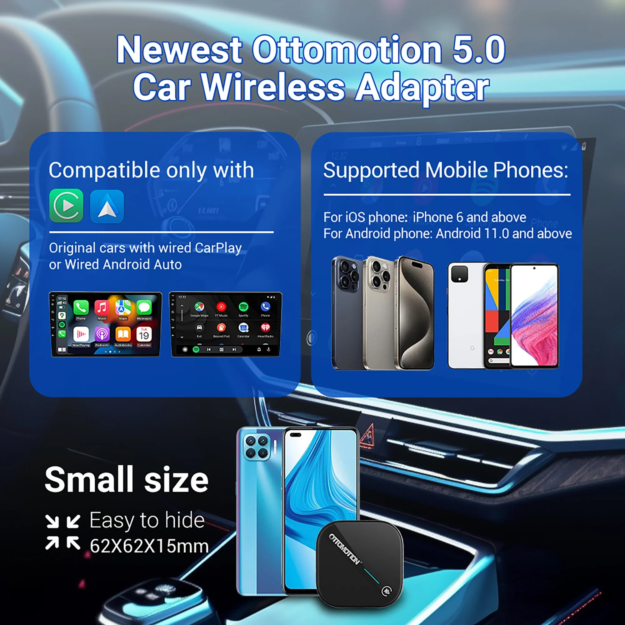 OTTOMOTION 5.0 CarPlay Android Auto Adapter Wired To Wireless Dongle for Benz VW Haval Toyota Mazda Ford Audi Accessories