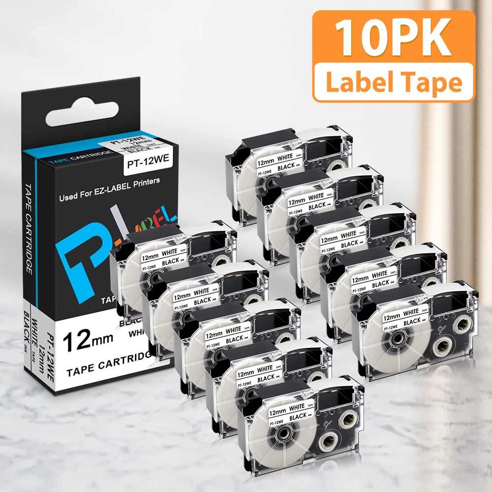 

10PK XR-12WE XR12WE Compatible Casio XR 12WE XR-12YW XR-12X XR-12RD 12mm Label Tape for Casio KL-60 KL-120 KL-100 Label Maker