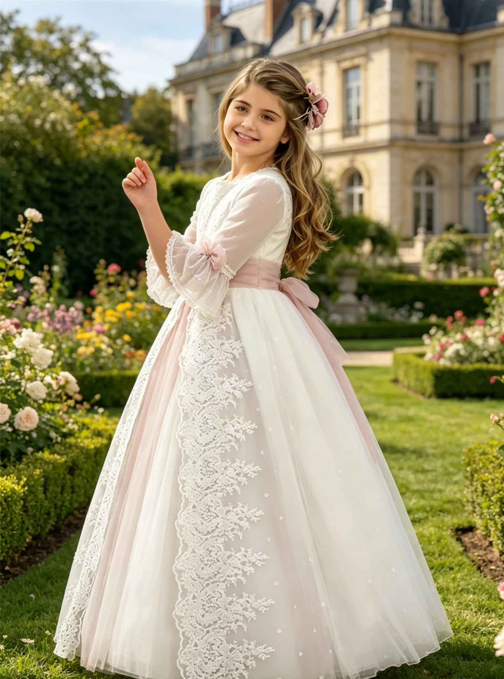 

Customized Flower Girl Dress For Wedding Lace Bow Half Sleeve High Waist Floor Length Kids Birthday First Communion Gown