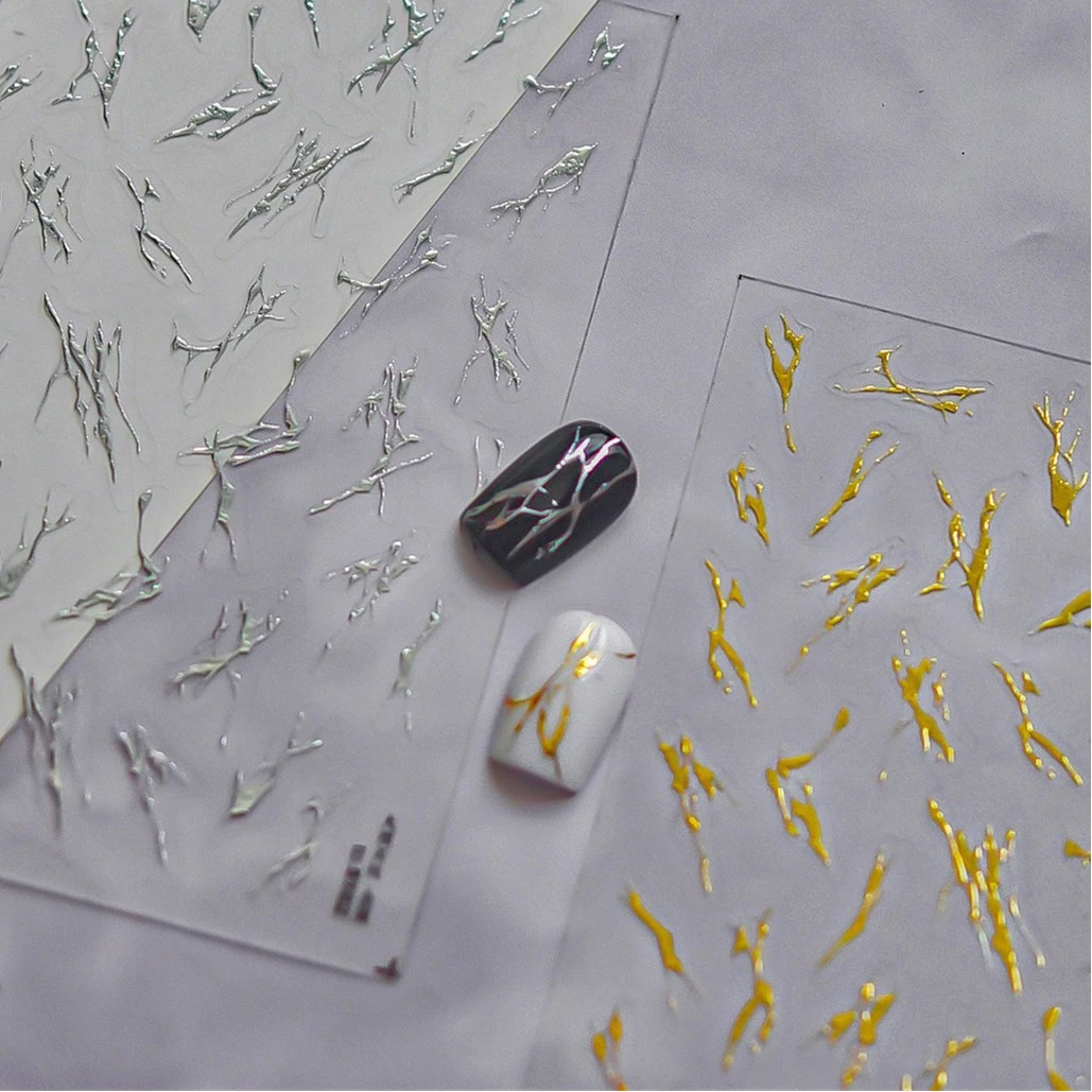

Marbling Irregular Intersecting Lines Hot Stamping Silver Gold Vein 5D Delicate Branch Adhesive Nail Art Stickers Manicure Decal