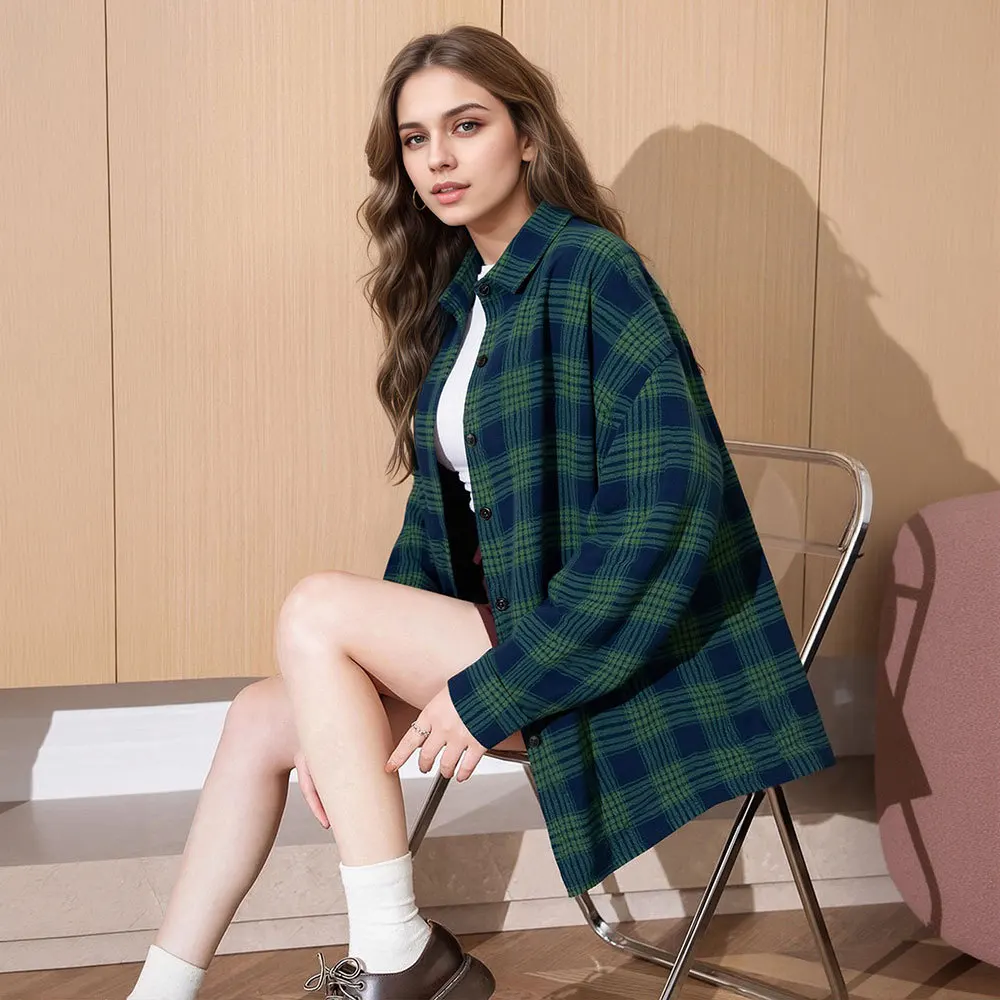 

Клетчатая осенняя женская блузка с отложным воротником, однобортная женская рубашка с длинными рукавами, базовая блузка с напуском для женщин