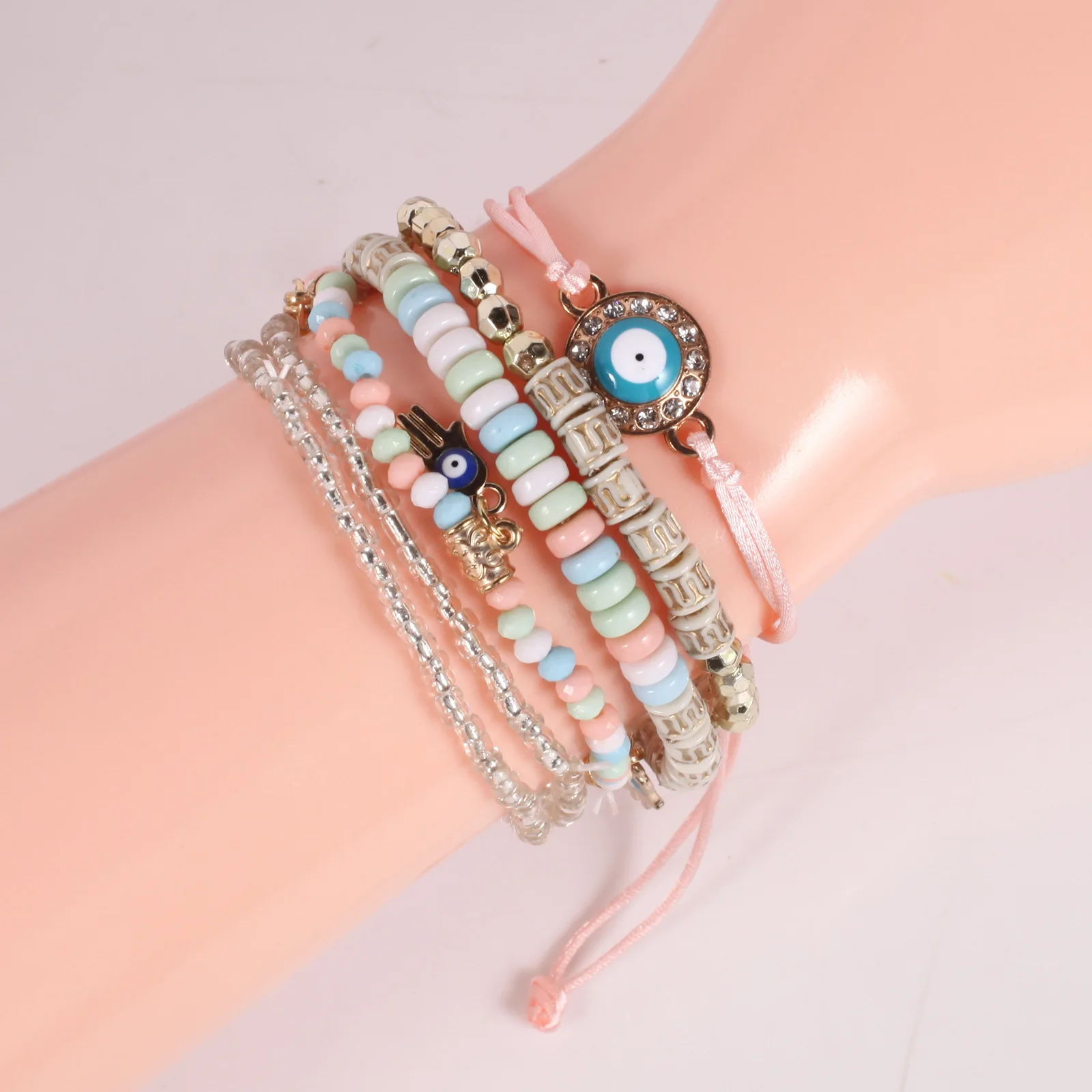 Nowy zestaw bransoletek z koralików Evil Eye dla kobiet Bohemia Fatima Hand Charm Beaded Chain Bangle Girls Boho Party Jewelry — zdjęcie 7